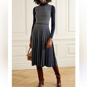 Tory Burch Navy and White Long-Sleeve Knit Midi Dress